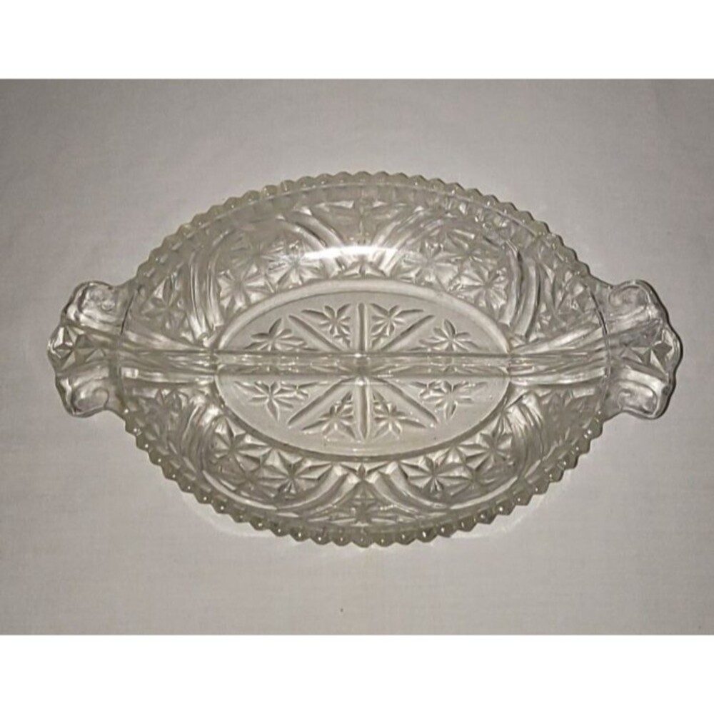 VTG Anchor Hocking Stars Cut Glass Divided Relish Pickle Dish Tray 10" 1940-1960
